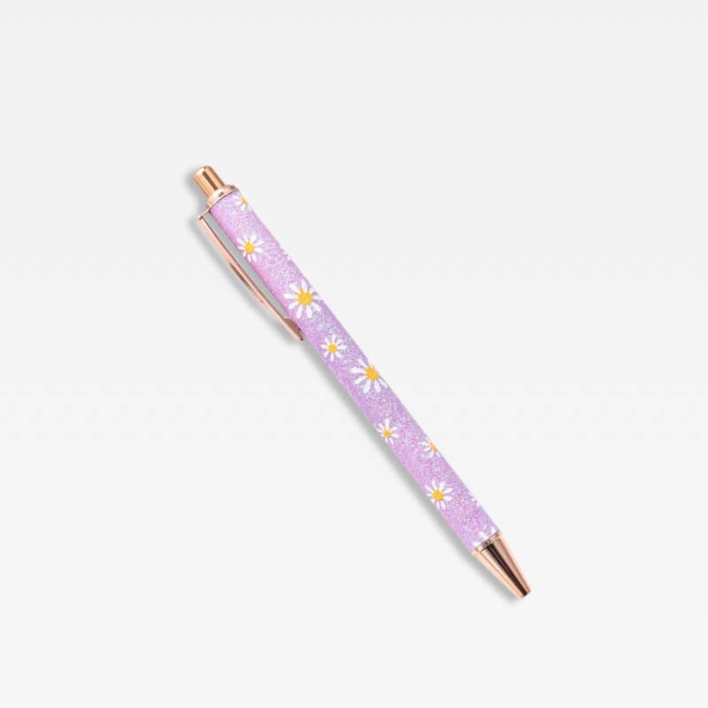 Office Home School kawaii cute writing Ballpoint Pen metal Stationery supply Pens in light purple color with white and light yellow daisies floral daisy flowers