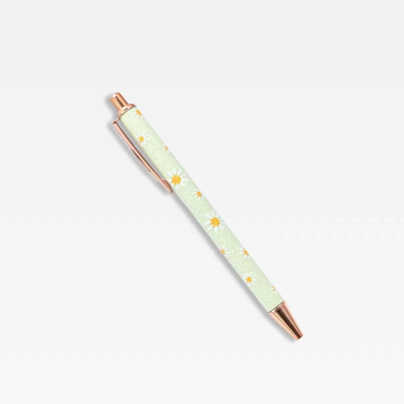 Office Home School kawaii cute writing Ballpoint Pen metal Stationery supply Pens in light green color with white and light yellow daisies floral daisy flowers