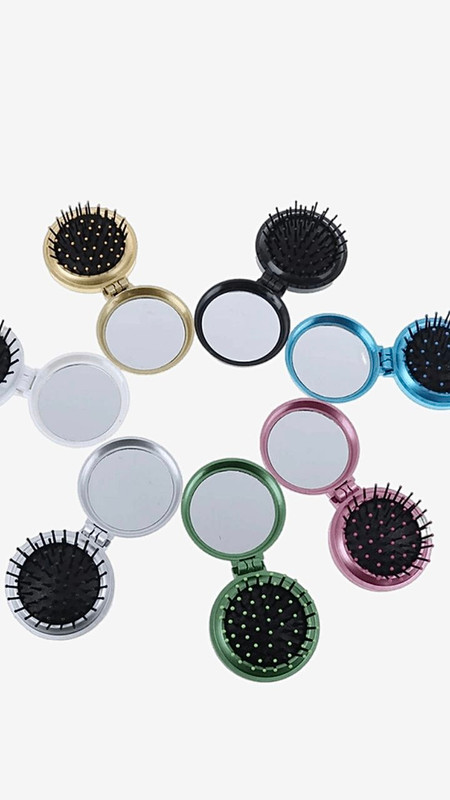 Portable Mini Folding Combs Round Travel Hair Brush With Mirror Black Silver Yellow Gold Pink Makeup Comb Mirrors Styling Tool Trending
