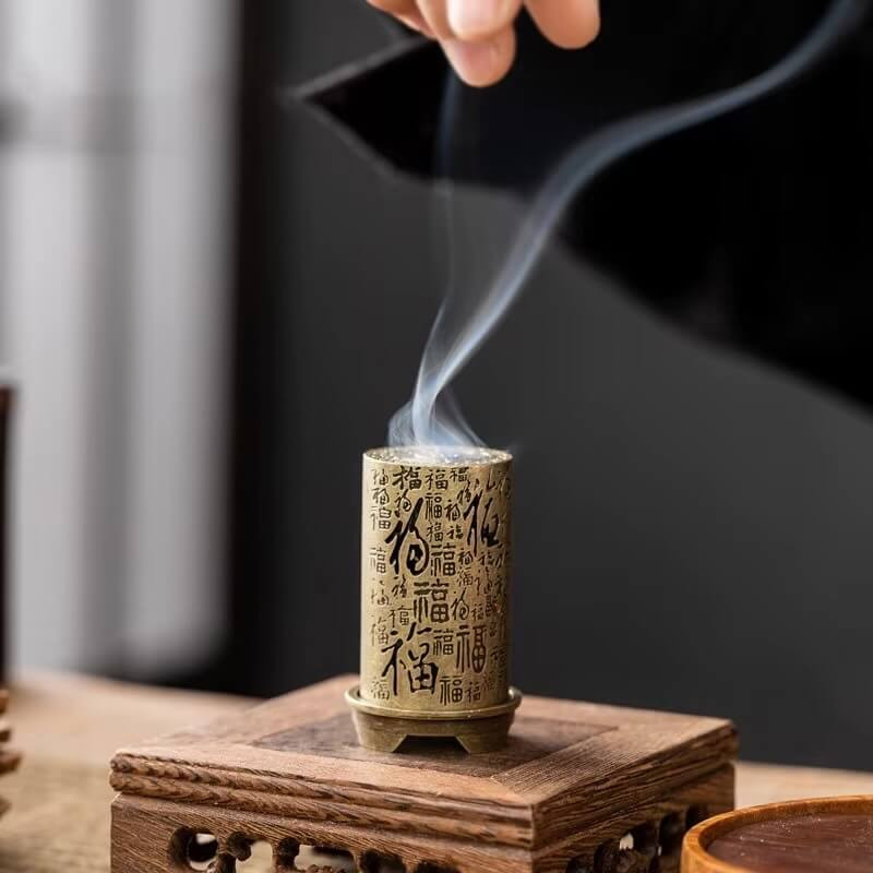 Vertical cylindrical Incense Burner Alloy Hollow Incense Holder Xiangyun Stick-less Powder Lasting Fragrance Incense Aromatherapy Accessories Home decorative Ornament accessory with stand base in copper color