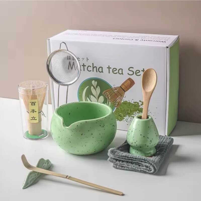 4-8pcs/set Ceramic Matcha Set Tea Bowl Traditional Japanese Tea Making Tools matcha tea-set tea whisk bamboo matcha brush sets in light green