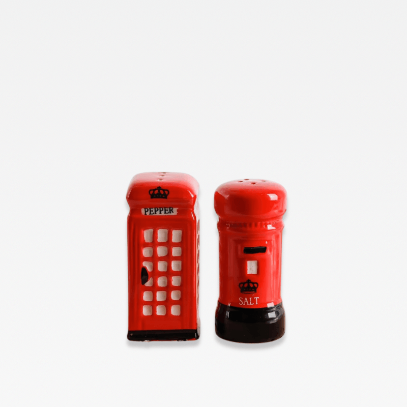 Ceramic modern Christmas Holidays theme British UK Telephone-, Postal-, Box cartoon design Salt & Pepper Seasoning shaker Set Tabletop and bar dining accessory Dinnerware Condiments accessories with condiment tray Jar Kitchen Wedding Decoration Birthday Gift Personalized Ceramics Salt Pigs, Cellars & Servers Gifts size guide in red with black white accent color