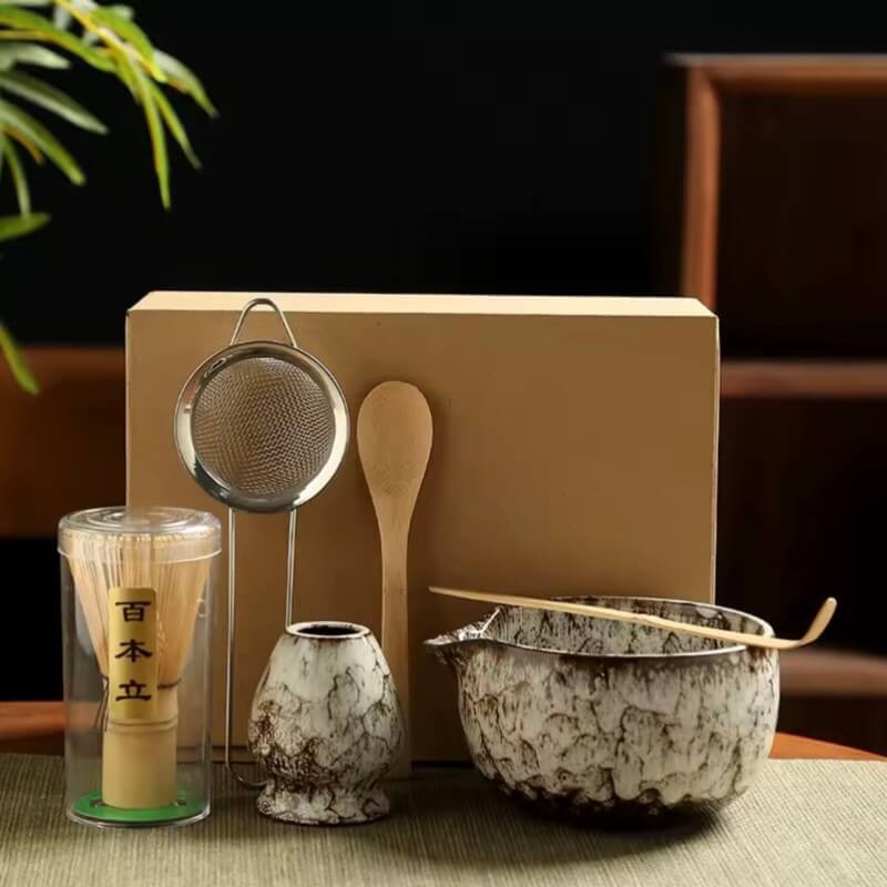 Office restaurant home 6PCS Japanese Ceramic Matcha Set 6-Piece Tea Bowl Traditional Tea Making Tools matcha tea-set tea whisk bamboo matcha brush sets in light brown