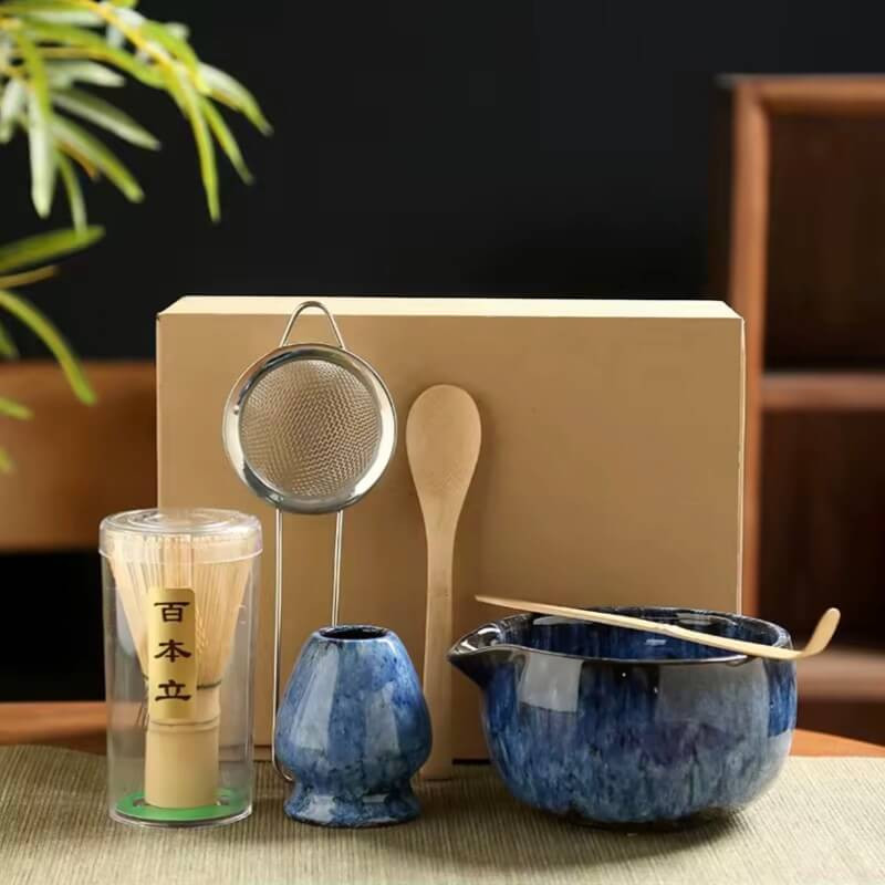 Office restaurant home 6PCS Japanese Ceramic Matcha Set 6-Piece Tea Bowl Traditional Tea Making Tools matcha tea-set tea whisk bamboo matcha brush sets in blue