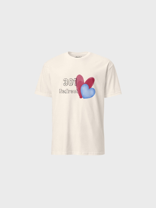 Women’s woman womens Men’s man mens Unisex Genflex Gender Neutral Genderfluid petite-, tall-, plus-, size  301 Redirect Letter print Love hearts graphic short-sleeves round O-neck crewneck T-Shirt in cream with red blue accent color Vacation holiday getaway summer T-Shirts Tees tops