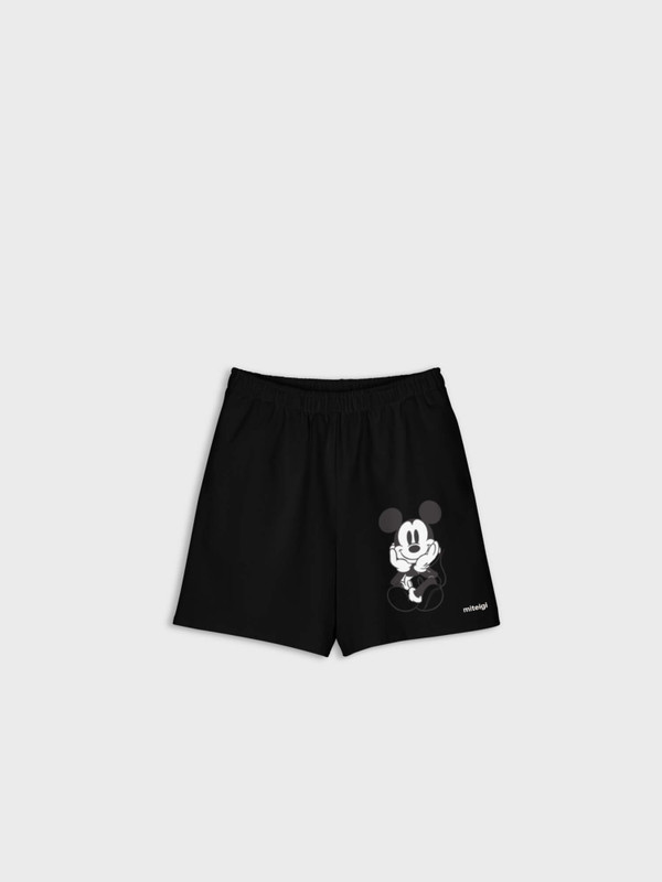 Women’s woman womens Men’s man mens Unisex Genflex Gender Neutral Genderfluid petite-, tall-, plus-, size Mickey Mouse cartoon animal design Mid Rise waist Linen-Blend Shorts in black with white accent