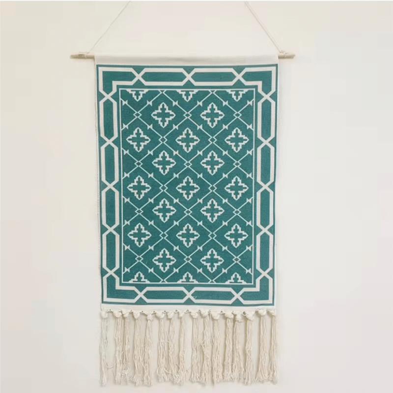Boho Home decoration Geometric Bohemian Tapestry Wall decor aesthetic room Tassel Macrame Hanging Art Woven Cotton Handmade Linen Tapestries in green with multi