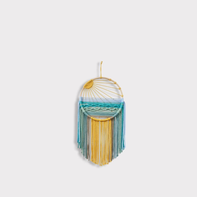 Boho Bohemian Hand Woven Macrame Sun Wall Decor Hanging Tapestry Sunrise Sunset Wall Art, Tapestries Colorful Bedroom Living Room wall-decor in yellow multi color with round wooden frame depicting a sunrise sun