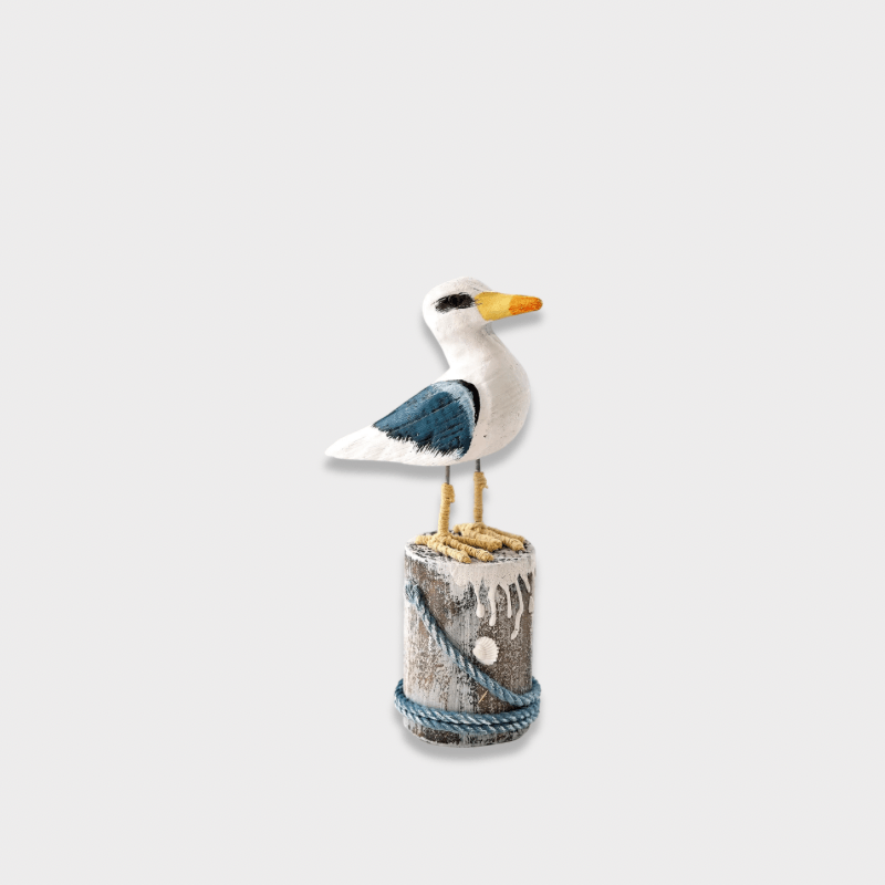 Wooden Seagull Seabird animal birds Figurine Coastal Beach Decorations for Outdoor Indoor Table Patio Lawn House Miniature Seagulls standing on roped harbor pier post pole decorative Ornaments in multi color blue and white