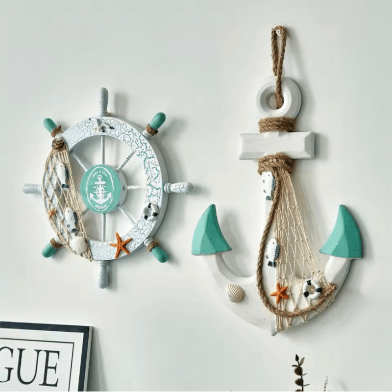 Indoor Outdoor Garden New England USA American Mediterranean Nautical ships Anchor and Steering Rudder Wheel Set Navigation Decoration Wooden Marine Crafts Home Wall Courtyard Beach Decor in white light green with beige