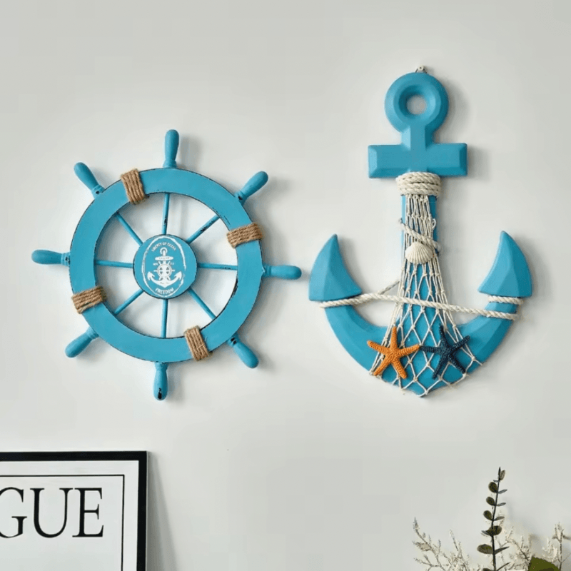 Indoor Outdoor Garden New England USA American Mediterranean Nautical ships Anchor and Steering Rudder Wheel Set Navigation Decoration Wooden Marine Crafts Home Wall Courtyard Beach Decor in light blue with beige multi color