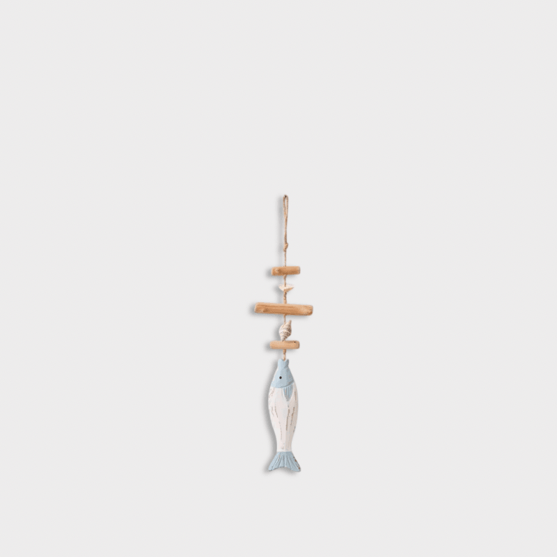 Indoor Outdoor Garden Nautical Themed Entryway reception Wooden fish with seashells Hanging Coastal Beach marine Pendants for Sea Life Ocean Home Wall Decor Ornament decoration Party Gift Office in white, with light blue multi color