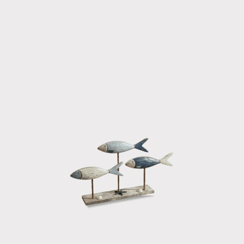 Nautical theme Handcrafted wooden Marine Fish Decorative Object Fishes Table Summer Animal Standing Sign Rustic Fish Statue Tabletop Centerpiece Ornaments for Home Office Living Room in blue gray grey brown distressed look