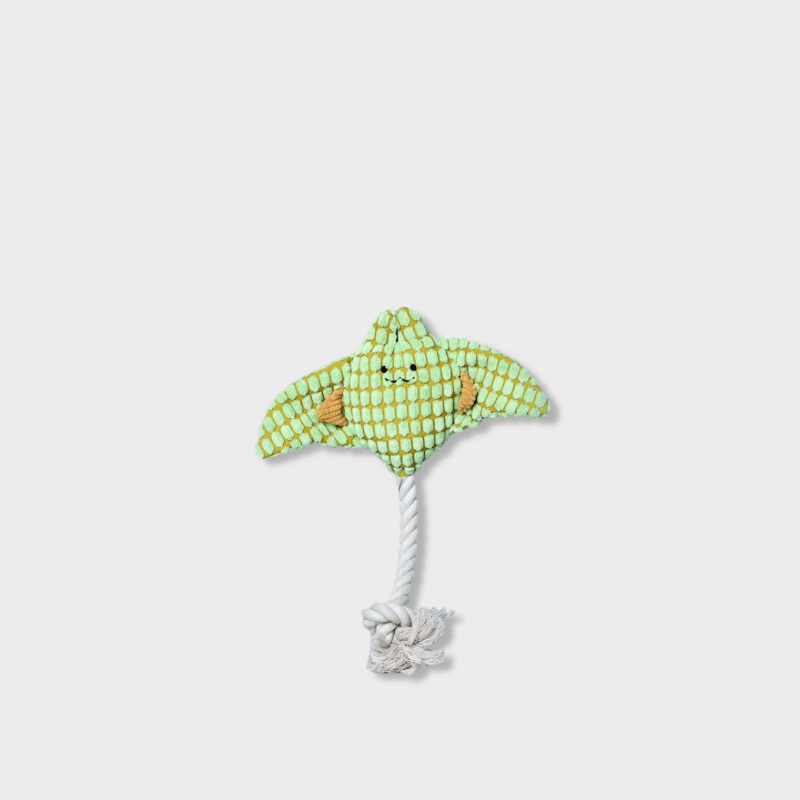 Cute Kawaii Pet’s Nautical theme Manta Ray Dog Chew Toy, Cotton Rope Squeaky Stuffed, Interactive Puppy Bite Relief Toys, Dogs Teething aids in green with white orange