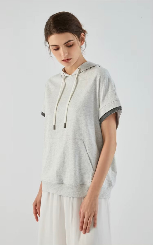 Women’s woman womens petite-, tall-, plus-, size K1191W Drawstring Solid Color 100% Combed Cotton Short-Sleeves Drawcord Hooded T-Shirt Tops Clothes Hoodies Hoodies And Sweatshirts Sportswear in light Gray grey with dark accent