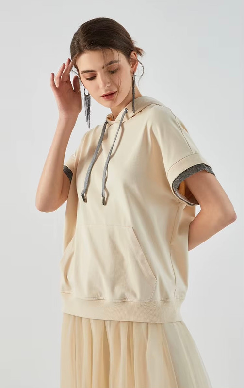 Women’s woman womens petite-, tall-, plus-, size K1191W Drawstring Solid Color 100% Combed Cotton Short-Sleeves Drawcord Hooded T-Shirt Tops Clothes Hoodies Hoodies And Sweatshirts Sportswear in light beige creamy with dark Gray grey accent