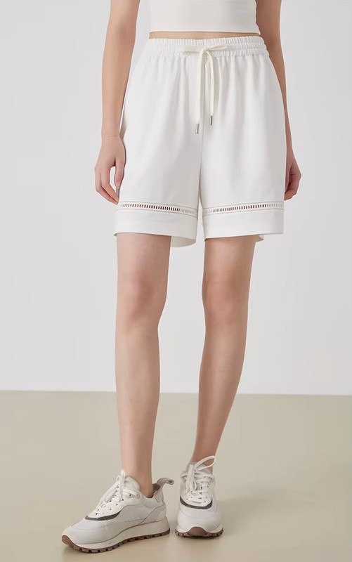 Women’s woman womens petite-, tall-, plus-, size Vacation holiday getaway Comfortable Elastic Mid-rise Waist drawstring drawcord Strap Solid Color Mixed Cotton hollow-out Shorts in white