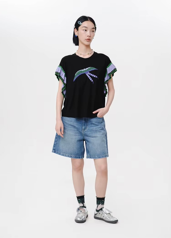 Women’s woman womens petite-, tall-, plus-, size Short ruffle Sleeves Spring Summer Contrast Collar Design Drop-shoulder Pure Cotton round O-neck Crewneck Graphic T-Shirt  Tops Festival Tees in black with multi color