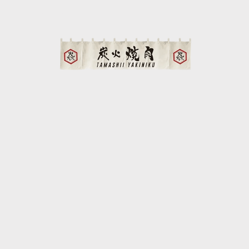 Japanese Horizontal Noren Curtain Sushi Restaurant Door Head Curtain Tavern Curtain Short Grill Barbecue Shop Charcoal grilled meat, TAMASHII YAKINIKU Letter print design in red with white blue 6-Piece set