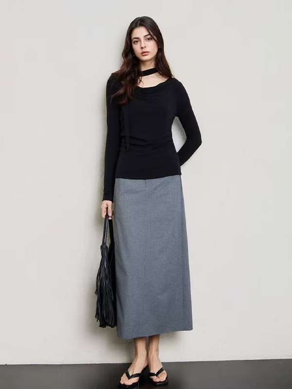 Women’s woman womens petite-, tall-, plus-, size Wool Cotton Blend, Dropped Collar, Elegant Ribbon long sleeves scoop neck T-Shirt, Tee, Spring Summer holiday vacation getaway Solid Chic Tops, T-Shirts in Black
