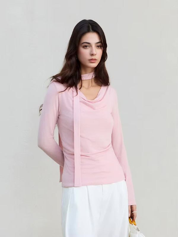 Women’s woman womens petite-, tall-, plus-, size Wool Cotton Blend, Dropped Collar, Elegant Ribbon long sleeves scoop neck T-Shirt, Tee, Spring Summer holiday vacation getaway Solid Chic Tops, T-Shirts in Pink