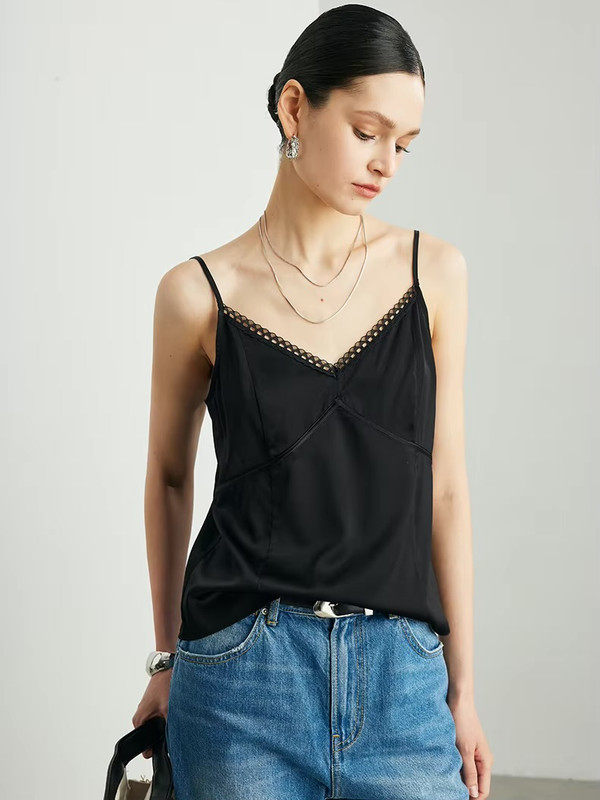 Women’s woman womens tall-, plus-, size  Solid, 90% Real Silk, Lace V neck, Sleeveless Chic Silk Camis T-Shirt, Spring Summer vacation holiday getaway Camisole Tops in Black