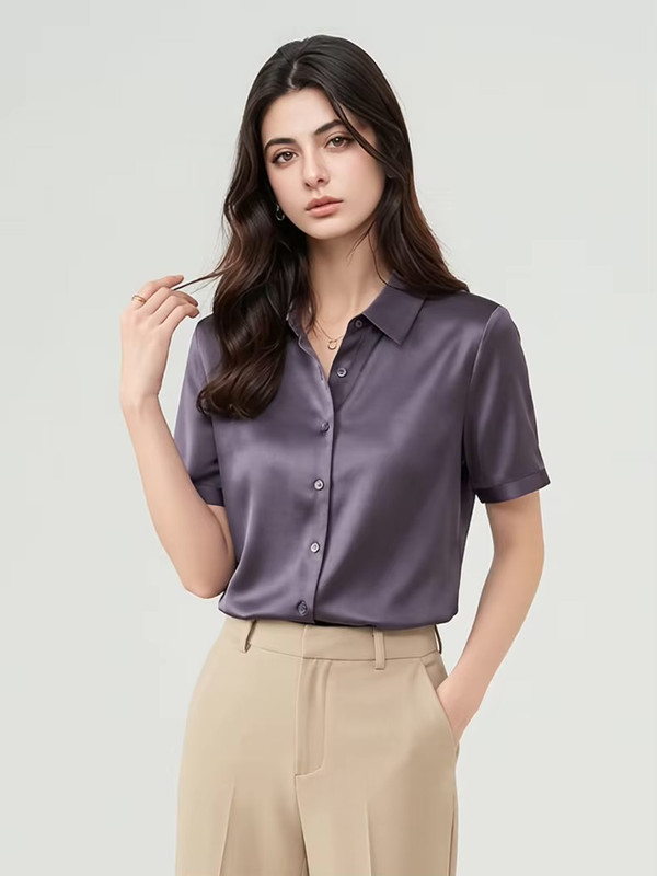 Women’s woman womens petite-, tall-, plus-, size Summer solid color Mulberry Silk short sleeves luxury plain blouse casual wfh commute workwear Shirt Tops in Dark. Gray grey