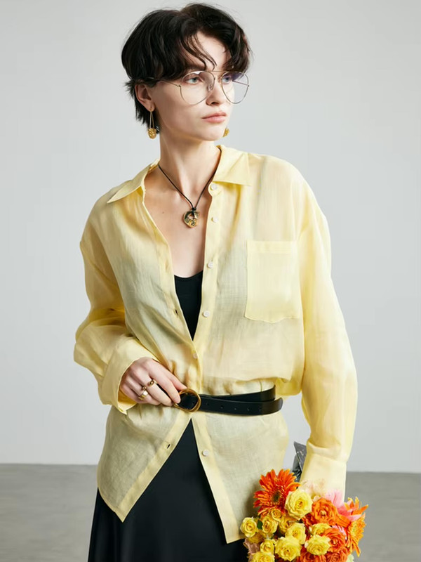 Women’s woman womens petite-, plus-, size Solid holiday vacation getaway Shirts, 100% Ramie linen Crepe, Long Sleeves, Chest Pocket Chic yellow Blouses, Spring Summer wfh Office commute workwear Lady Tops