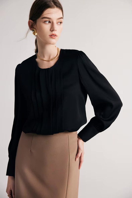 Women’s woman womens petite-, plus-, size Solid holiday vacation getaway Shirts, Mulberry silk, Long Sleeves, pleated round O-neck crewneck Chic black Blouses, Spring Summer wfh Office commute workwear Lady pleats Tops