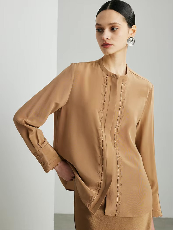 Women’s woman womens petite-, tall-, plus-, size 100% Mulberry Silk, Long Sleeves, pleated round O-neck crewneck Chic Camel brown Blouses, Spring Summer wfh Office commute workwear Lady pleats Tops