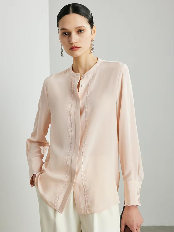 Women’s woman womens petite-, tall-, plus-, size 100% Mulberry Silk, Long Sleeves, pleated round O-neck crewneck Chic pink Blouses, Spring Summer wfh Office commute workwear Lady pleats Tops