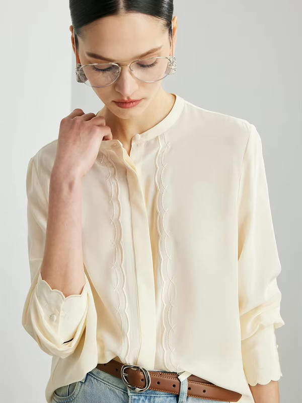 Women’s woman womens petite-, tall-, plus-, size 100% Mulberry Silk, Long Sleeves, pleated round O-neck crewneck Chic Beige Blouses, Spring Summer wfh Office commute workwear Lady pleats Tops