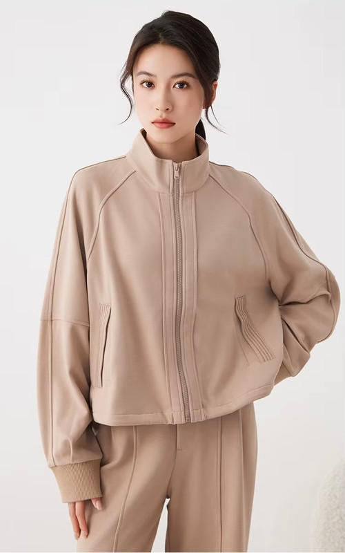 Women’s woman womens petite-, tall-, plus-, size High quality luxury brand women's clothing mockneck mandarin stand collar long sleeves woolen slant side pockets active sports jackets Outerwear Fitness Out wear in Khaki light brown