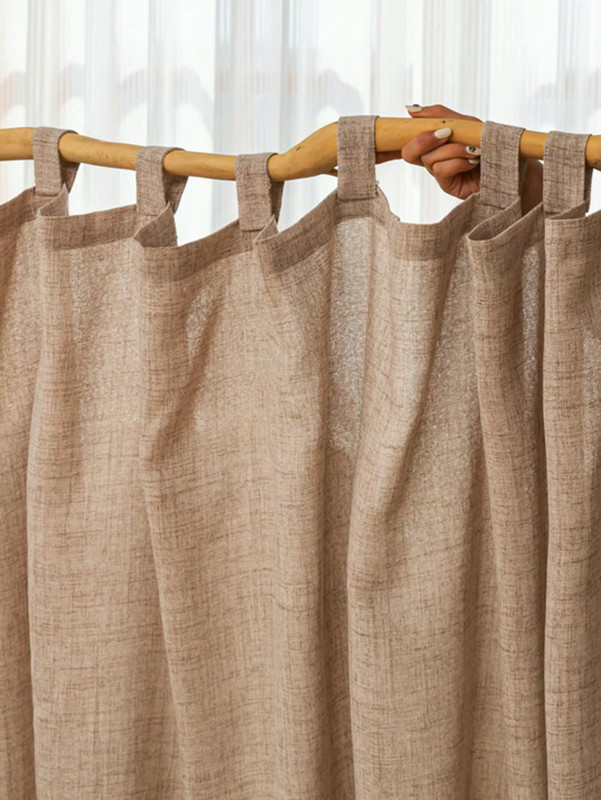 Office home vacation beach property patio gazebo Japanese boho bohemian cotton and linen textured natural wood and linen gauze sling curtain window panel drape curtains in khaki beige light brown with sling hanging types