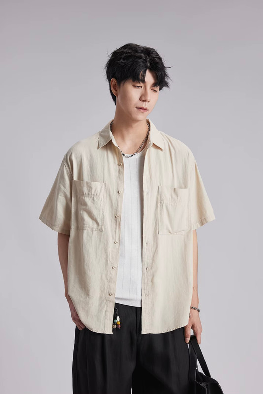 Men’s man mens petite-, tall-, plus-, size 100% Cotton Double Pocket Short Sleeve Shirt Japanese Style Loose Breathable Solid Color Casual Tops in apricot