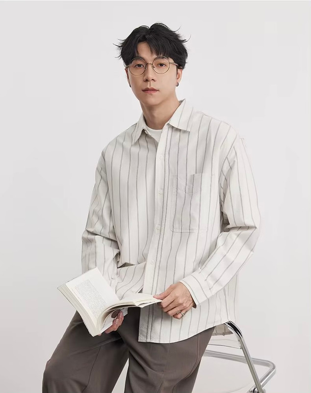 Men’s man mens petite-, tall-, plus-, size Oxford Wide Striped Cotton Lapel Long-sleeves Spring Summer Fall And Autumn Shirt Trending casual shirts in Apricot beige