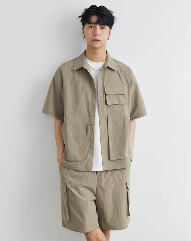 Men’s man mens petite-, tall-, plus-, size Loose Casual Short Sleeves Shorts 2 Piece Sets Suits Cityboy wfh office workwear Streetwear Fashion Daily Commute Cargo Shirt Top Shirts in khaki