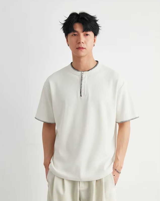 Men’s man mens petite-, tall-, plus-, size Stitch Detail Henley crew Neck crewneck Waffle T-Shirt Summer Loose Drop Shoulder Casual Commute Versatile Short Sleeve Top Cotton-blend Commute Fashion T-Shirts Tops in apricot white with black striped accent