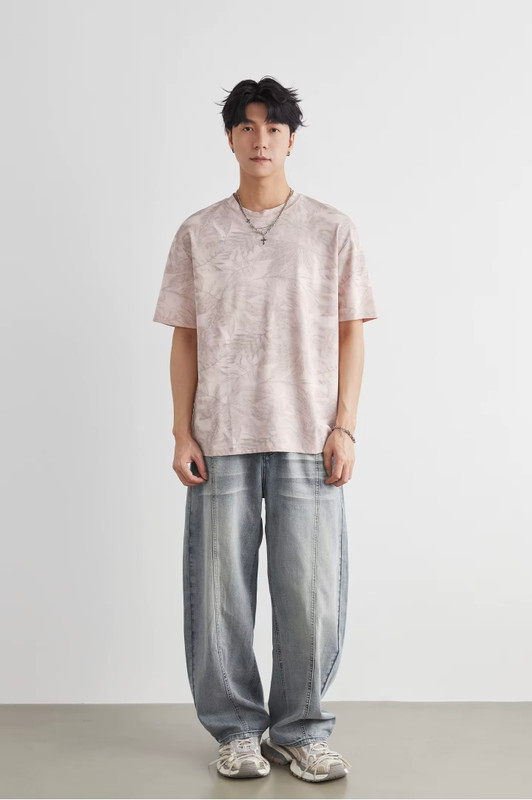 Men’s man mens petite-, tall-, plus-, size Gradient Leaf Print graphic Summer Loose Crew Neck Trendy Versatile Commute wfh office workwear Short Sleeves crewneck T-Shirt Tops T-Shirts in pink