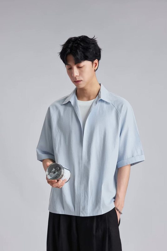 Men’s man mens petite-, tall-, plus-, size Lyocell cotton Fake Two-Piece Summer Raglan Lapel Retro Casual Commuter Short half Sleeves with Drop Shoulder V-neck Commute Versatile Knit Commute Pullover Shirt Top Shirts in light blue