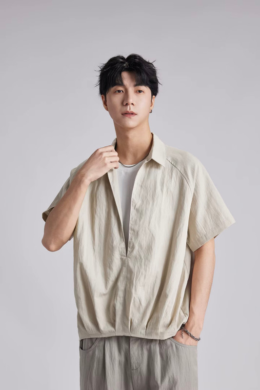 Men’s man mens petite-, tall-, plus-, size Lyocell cotton Fake Two-Piece Summer Raglan Lapel Retro Casual Commuter Short half Sleeves with Drop Shoulder V-neck Commute Versatile Knit Commute Pullover Shirt Top Shirts in apricot