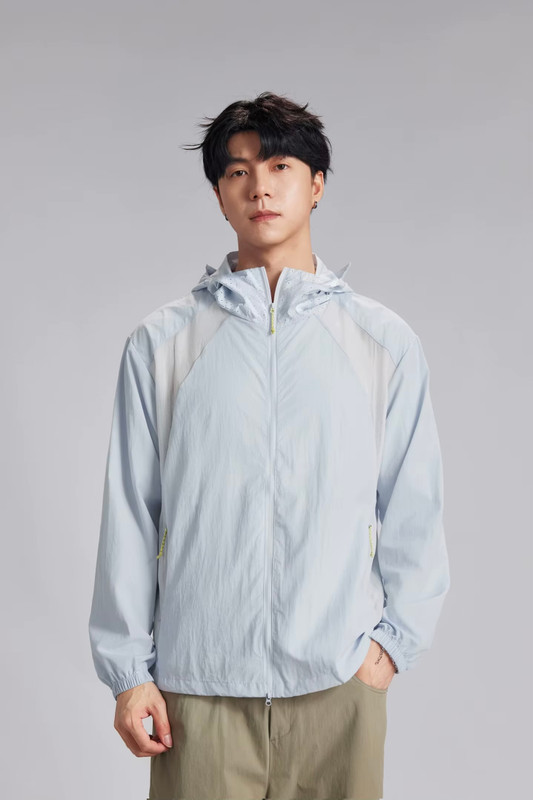 Men’s man mens petite-, tall-, plus-, size Patchwork Sun Protection Summer Lightweight Breathable UV Protection Outdoor Hooded Quick Dry Easy Street Jacket Coat Sports Windbreaker Outerwear Sportswear outdoor camping Outwear Jackets in light blue