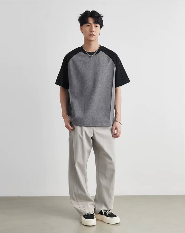 Men’s man mens petite-, tall-, plus-, size patchwork Color Block short half Raglan rib Sleeve Summer Textured Loose Casual Versatile City Boy Style T-Shirt Top T-Shirts in Gray grey, with black