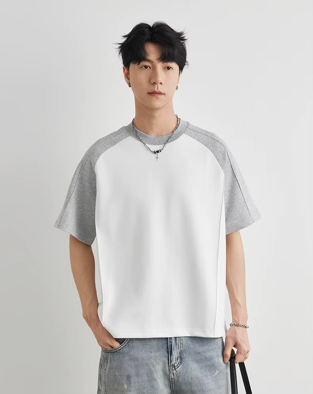 Men’s man mens petite-, tall-, plus-, size patchwork Color Block short half Raglan rib Sleeve Summer Textured Loose Casual Versatile City Boy Style T-Shirt Top T-Shirts in white, with light Gray grey
