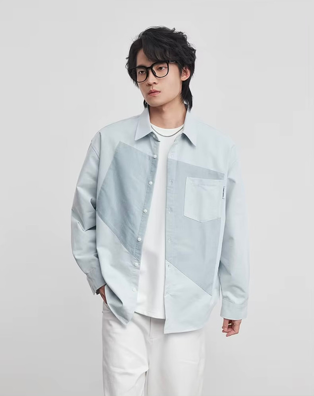 Men’s man mens petite-, tall-, plus-, size Geometric Double Color patchwork  Matching Spring Summer Fall And Autumn Trendy Korean Design Niche Silhouette Loose Trendy Shirt Top Shirts in light green