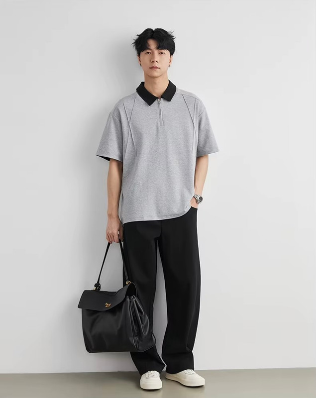 Men’s man mens petite-, tall-, plus-, size Contrast Collar Half Zip Summer Combed Cotton Soft Durable Casual Short half Sleeves turn-down collar Tee Daily Commute wfh workwear Polo Shirt Tee Top T-Shirts in light Gray grey with black accent color