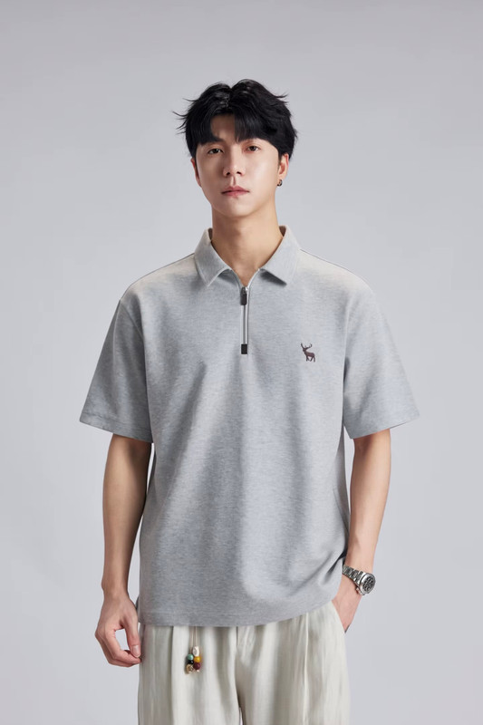 Men’s man mens petite-, tall-, plus-, size Minimalist Stag Deer Logo Embroidered Polo Shirt Summer Loose Half Zip Casual Commuter Short half Sleeve Daily Commute wfh workwear Polo Shirt Tee Top T-Shirts in Gray grey with brown accent color