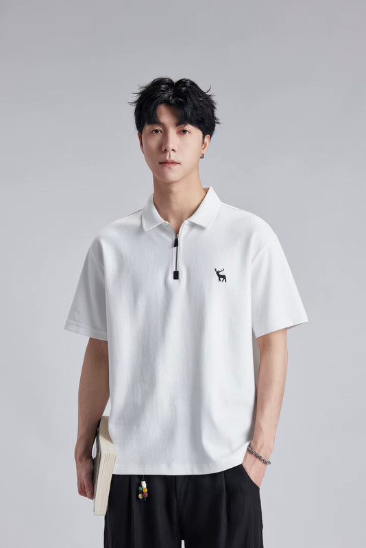 Men’s man mens petite-, tall-, plus-, size Minimalist Stag Deer Logo Embroidered Polo Shirt Summer Loose Half Zip Casual Commuter Short half Sleeve Daily Commute wfh workwear Polo Shirt Tee Top T-Shirts in white with black accent color
