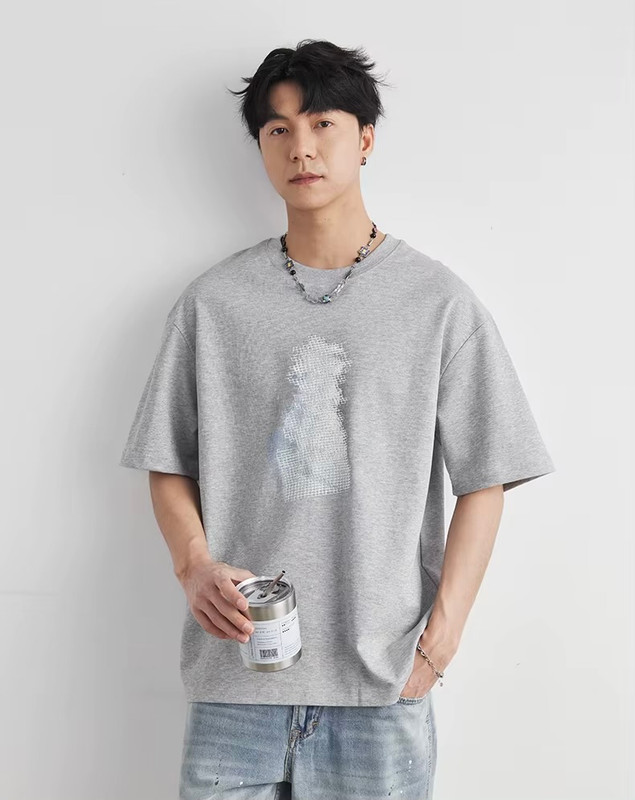 Men’s man mens petite-, tall-, plus-, size Heavyweight 220g Cotton Gradient Grid crewneck, Summer Crew Neck Loose Street Fashion Breathable Short Sleeves round O-neck Casual Pullover T-Shirt Tops T-Shirts in light Gray grey with white multi accent color