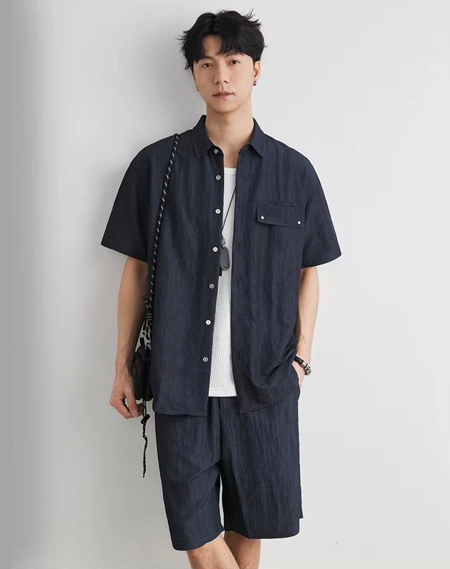 Men’s man mens petite-, tall-, plus-, size Japanese style Loose Casual Short Sleeves half sleeves turn-down collar patch chest pocket button-up Cargo Shirt plus and elasticated mid-rise waist with drawcord drawstring slant slit side pockets Shorts 2 Piece Sets Suits Cityboy wfh office workwear Work 2-Piece Outfit Streetwear Fashion Daily Commute Top Shirts in dark blue